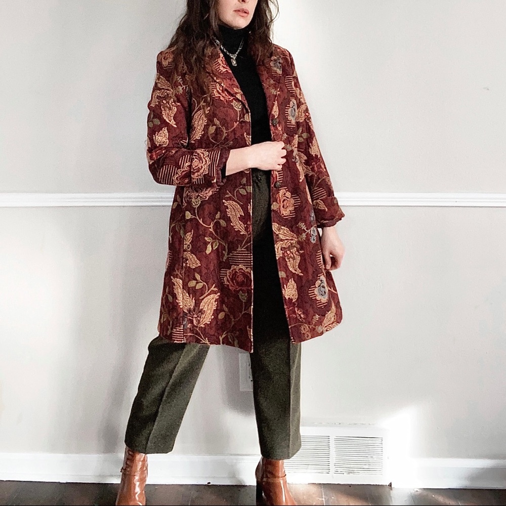 CAbi Long Floral Tapestry Maroon Coat